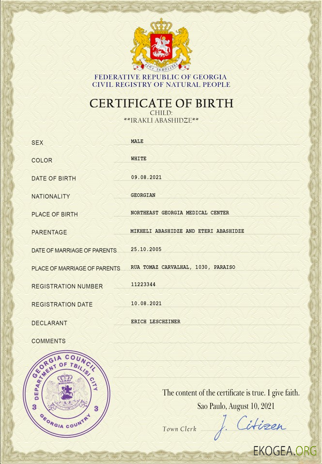 Acte d'état civil de Géorgie template